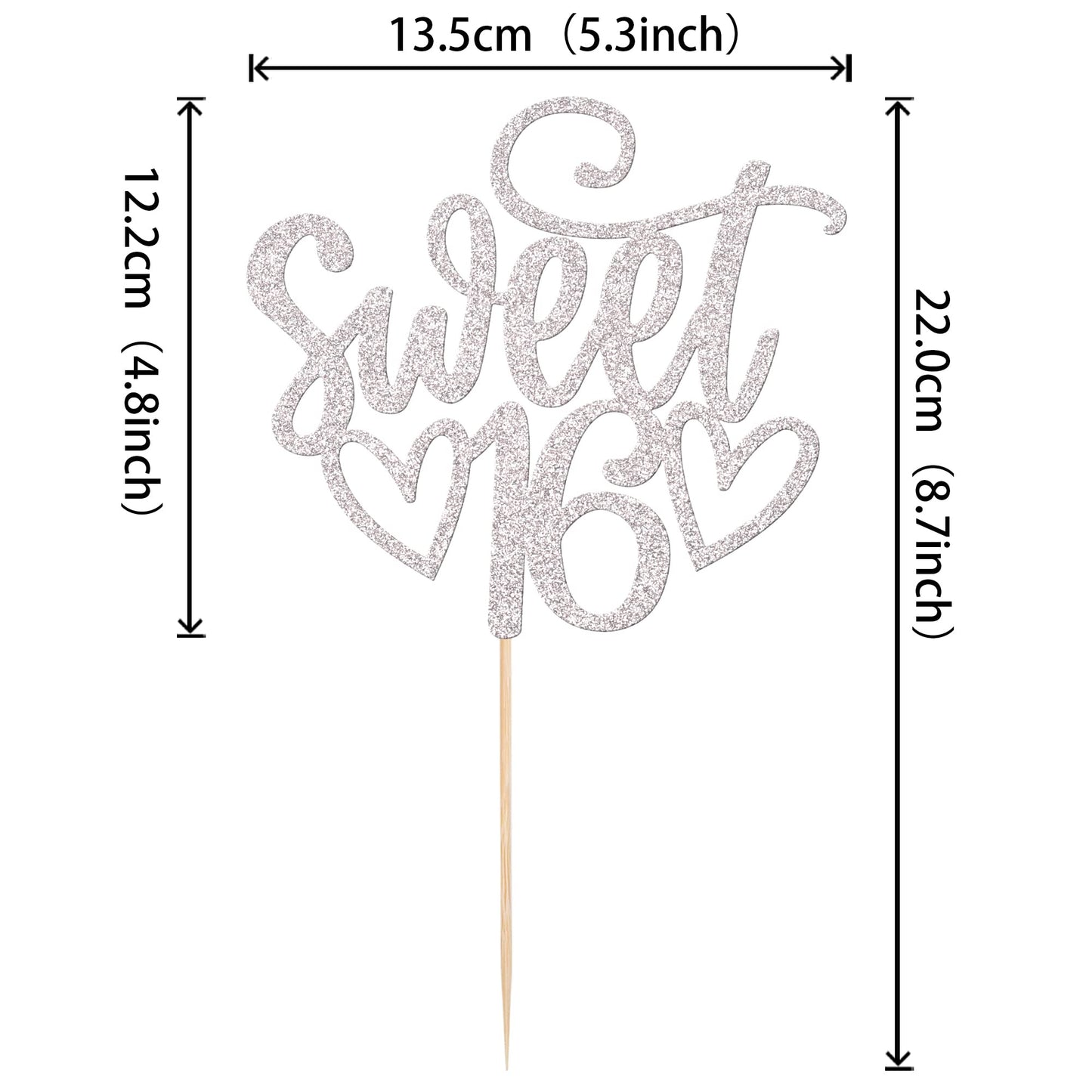 YCTHUNFISH 16th Birthday Cake Topper - Glitter 16th Birthday Decorations - Silver Bamboo Pick