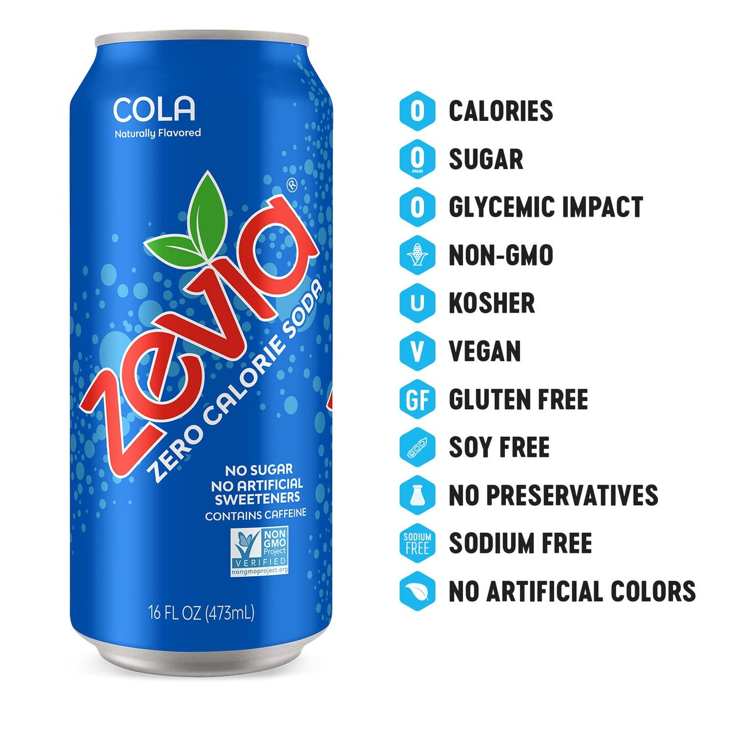 Zevia Zero Sugar Soda, Cola, 16 oz Cans (12-Pack) - Naturally Sweetened, Non-GMO Project Verified, Gluten-Free, Vegan