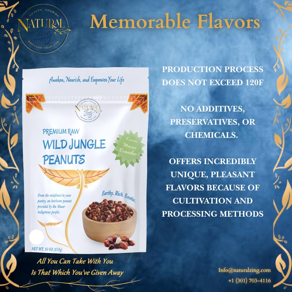 Natural Zing Raw Organicwild Jungle Peanuts - 8 Oz | Healthy Organic Heirloom Peanuts | Rare, Non-Hybridized Ecuadorian Variety