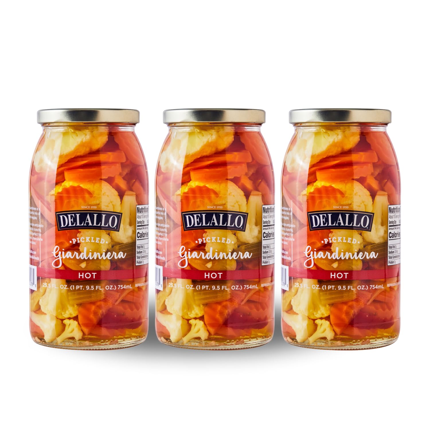 DeLallo Hot Giardiniera, 25.5 Ounce Jar, (3 Pack), Spicy Hot Pickled Mixed Vegetable Condiment for Sandwiches and Burgers, 100% 