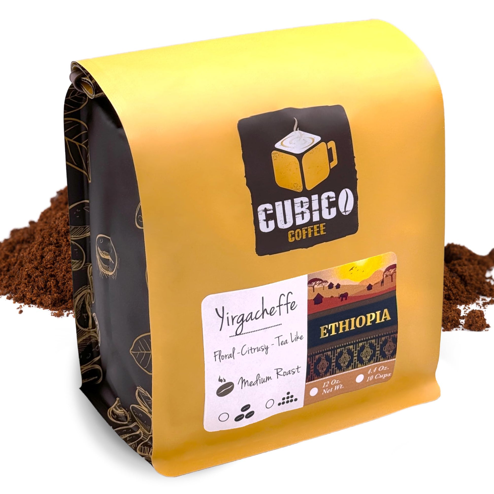 Cubico Coffee Ethiopian Yirgacheffe Ground Coffee, Premium Single Origin, 12 Ounce Bag