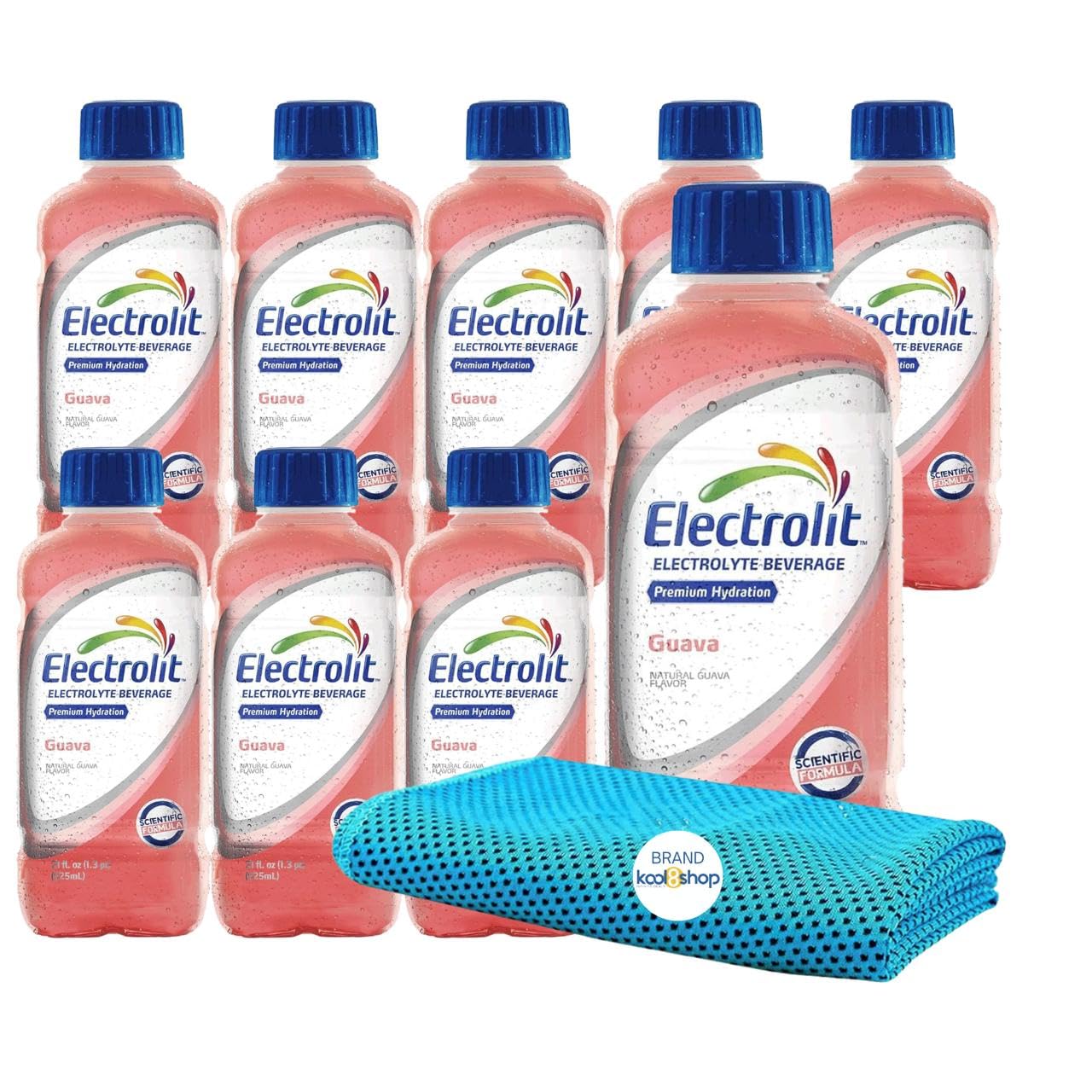 Electrolit Guava Hydration Drink with Electrolytes 21 fl oz Plastic Bottles 9 Pack + 1 Microfiber Cooling Towel by KOOL8SHOP Inf