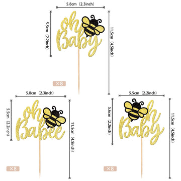 24 Pcs Bumble Bee Oh Babee Cupcake Toppers Glitter Honeybee Oh Baby Cupcake Picks For Bee Theme Baby Shower Kids Birthday Party