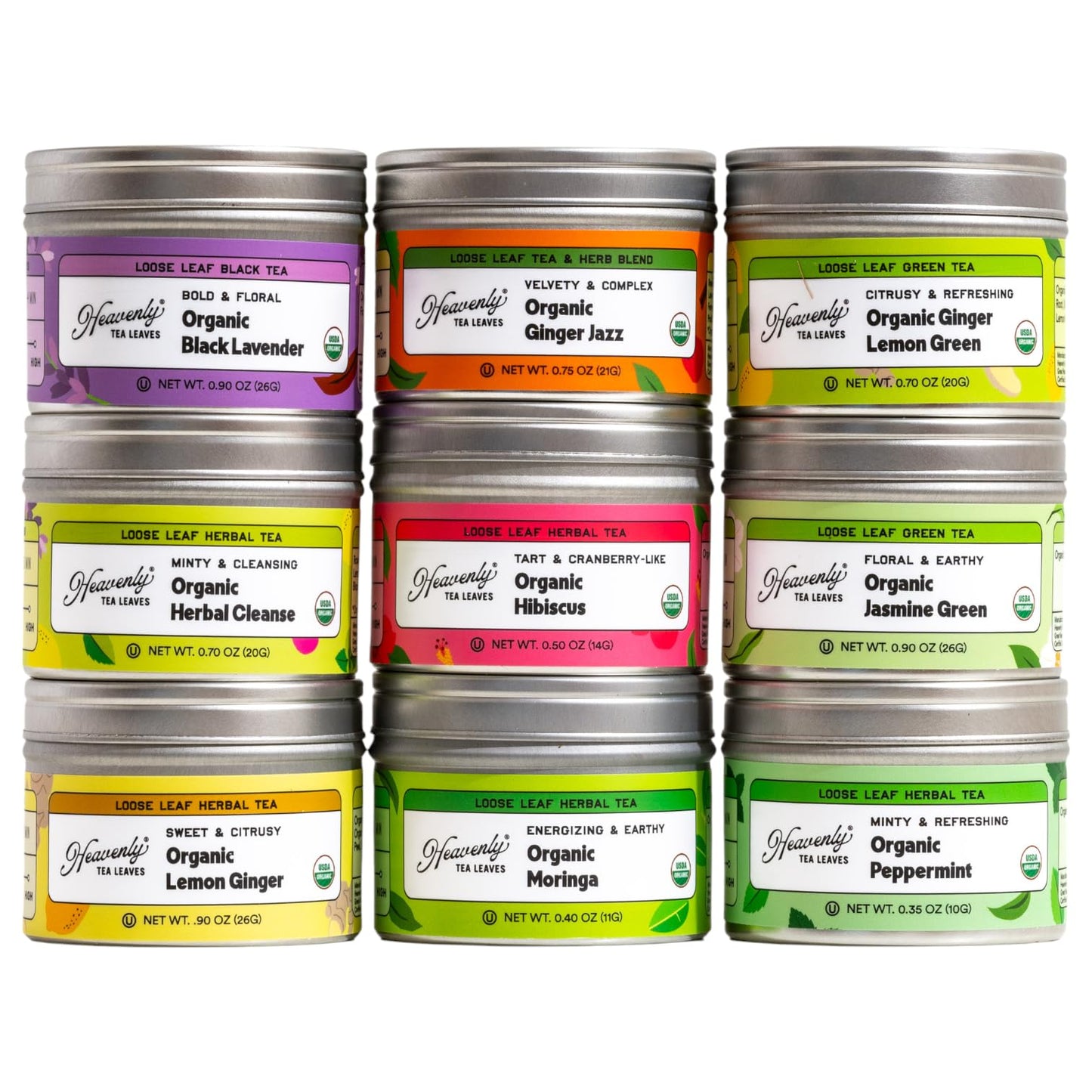Heavenly Tea Leaves Organic Wellness Tea Sampler - 9 Assorted Loose Leaf Teas & Herbal Tisanes, 90 Servings, Great Hot or Iced
