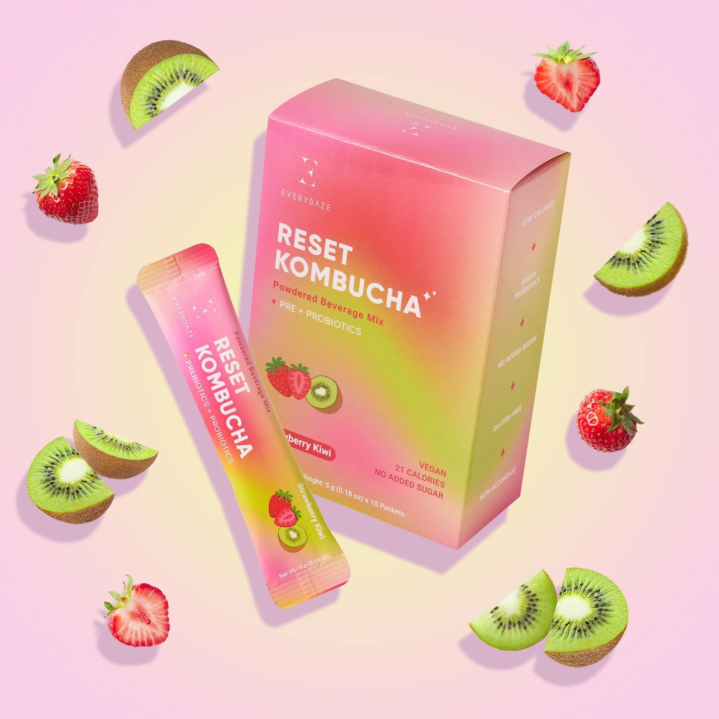 E EVERYDAZE Kombucha Tea Powder Mix, Vegan, No Added Sugar, 10 Sticks, Strawberry Kiwi Flavor, Gluten Free, 0.18 Ounce