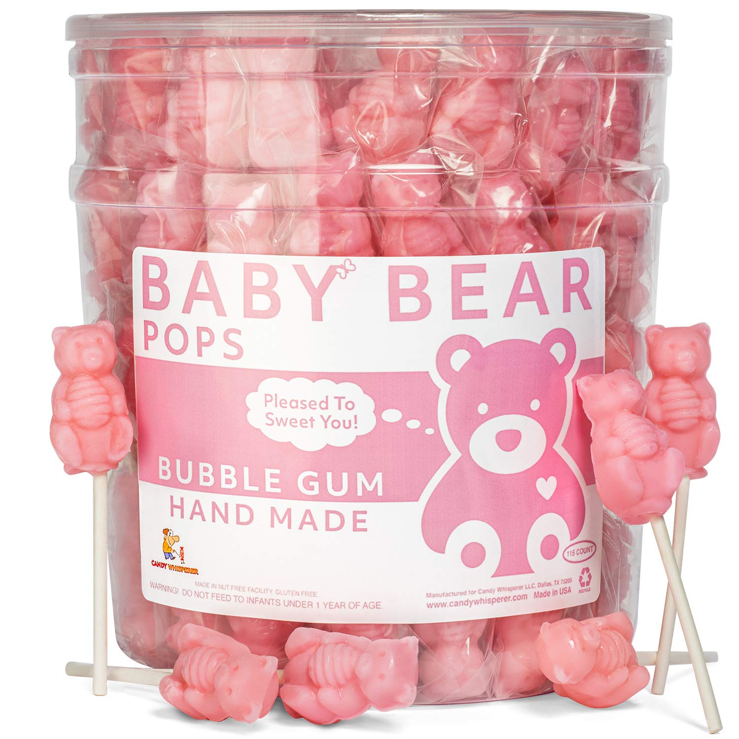 Espeez Pink Bear Pops Lollipop Suckers - Bubble Gum Flavor, 115 Count, Individually Wrapped