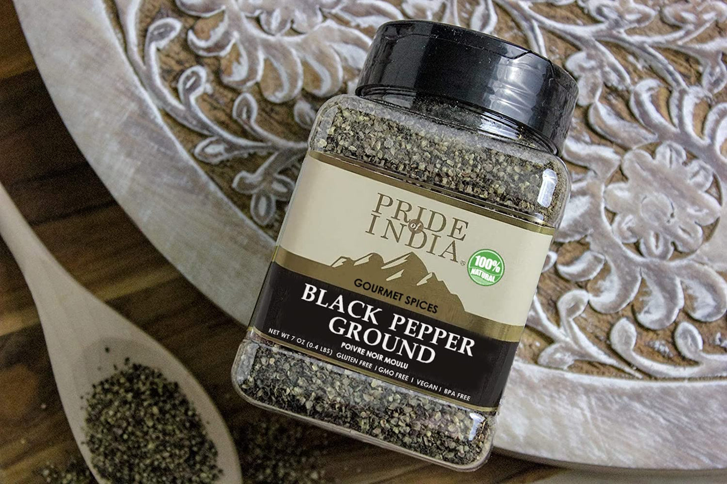 Pride Of India Black Pepper Ground - Fresh & Preservatives Free - 8oz Dual Sifter Jar - Ideal for Gourmet Dishes