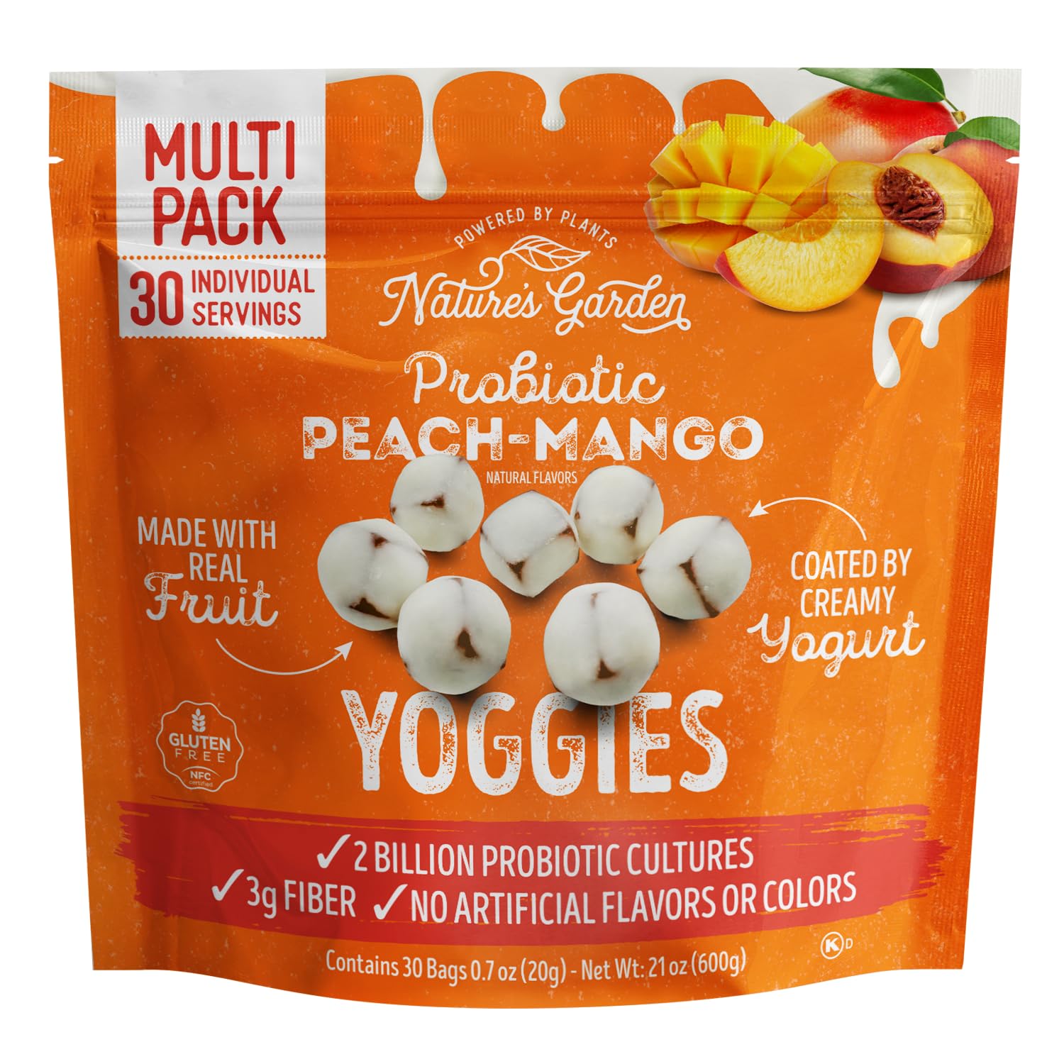 Natures Garden Probiotic Peach Mango Yoggies  21oz (30 x 0.7oz) - Yogurt Covered Fruit Snack  High Fiber  Real Fruit Pieces  Healthy Fruit Snack Packs