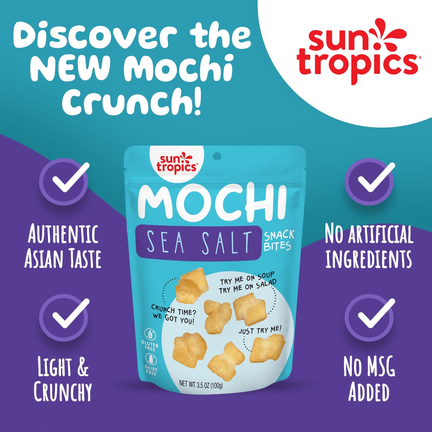 Sun Tropics Mochi Snack Bites, Variety Pack- 3.5 Oz (6 Pack) - Crunchy Mochi Snacks - Gluten Free & Dairy Free, No Msg - Asian R