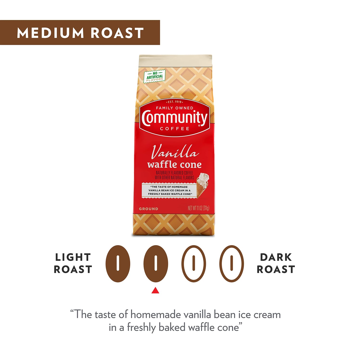 Community Coffee Vanilla Waffle Cone 66 Ounces, Ice Cream Flavored Ground Coffee, 11 Ounce Bag (Pack Of 6)