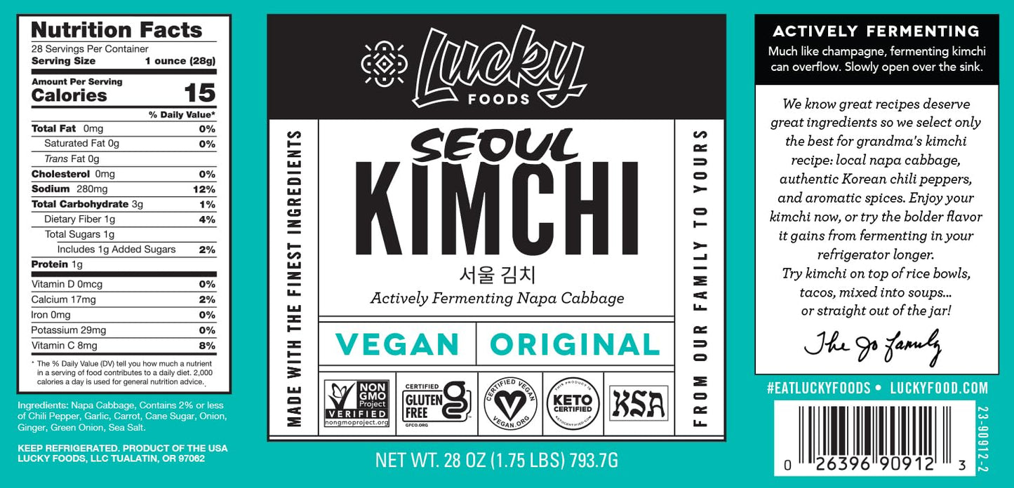 Lucky Foods Seoul Vegan Kimchi, (28Oz / 1.75 Lbs), Authentic Korean Premium Fermented Napa Cabbage Kimchi, (Vegan,Orginal, Made