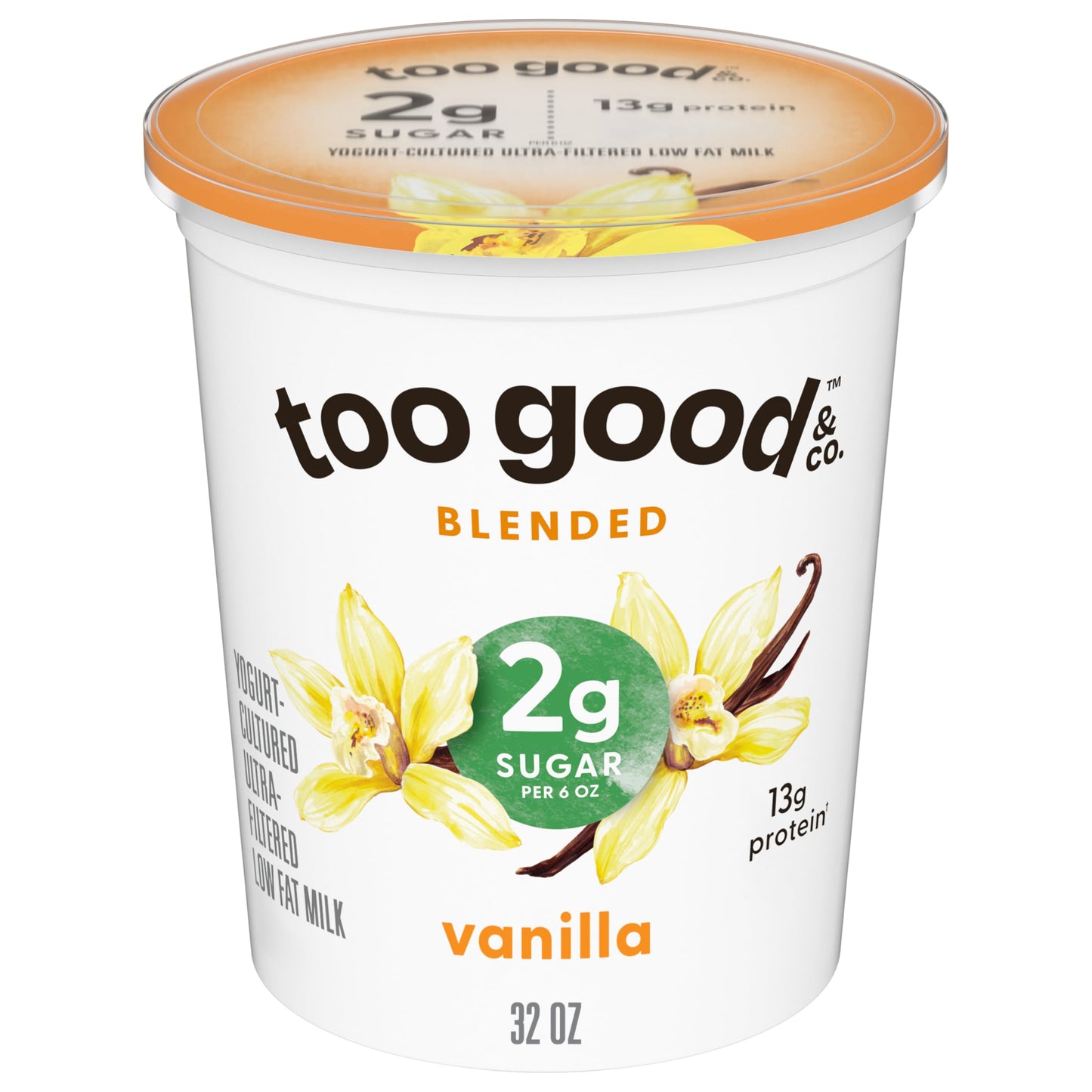 Too Good & Co. Vanilla Flavored Lower Sugar, Low Fat Greek Yogurt Cultured Product, 32 OZ Tub