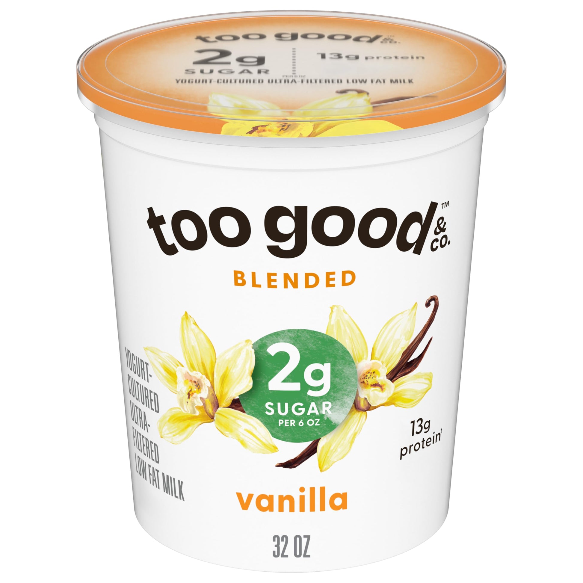 Too Good & Co. Vanilla Flavored Lower Sugar, Low Fat Greek Yogurt Cultured Product, 32 OZ Tub