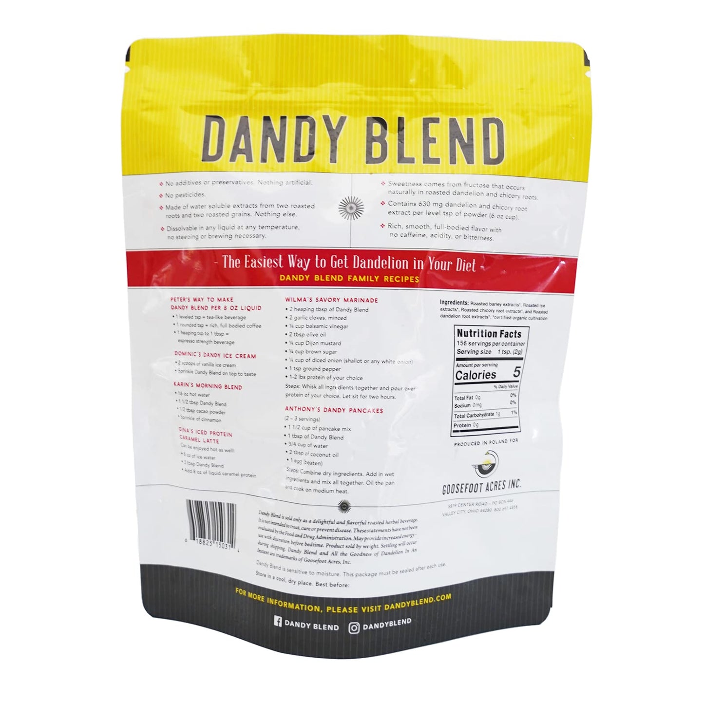 156 Cup Bag Of Certified Organic Dandy Blend Instant Herbal Beverage With Dandelion, 11 Oz. (312G) Bag