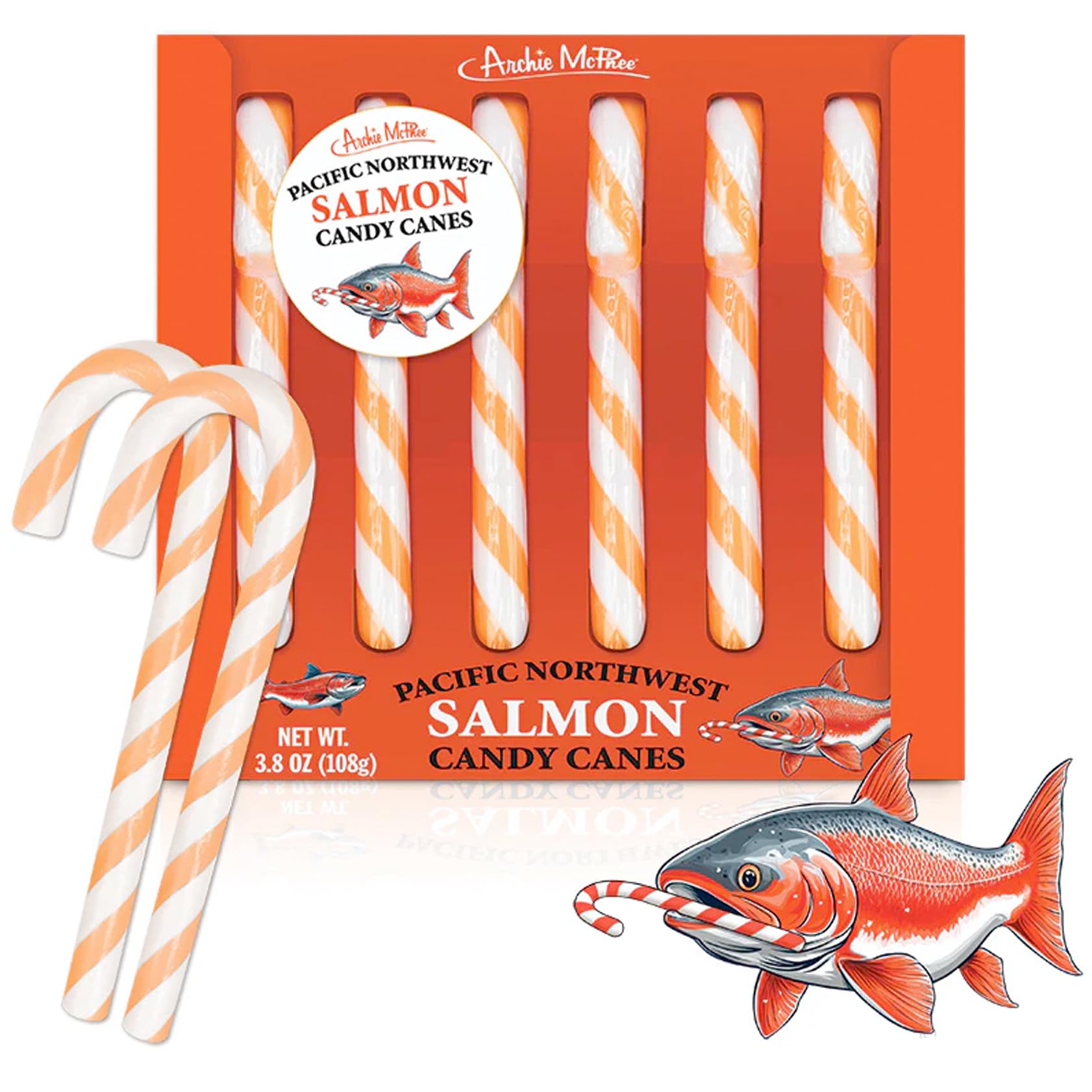 Archie McPhee Pacific Northwest Salmon Candy Canes - Set of 6 Pink and White Striped Novelty Candy Canes, Funny Gag Gift, 5.25 I