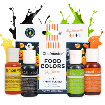 Chefmaster Halloween Colors Liqua-Gel Food Coloring Kit, 4 Pack, Water-Based, Highly Pigmented, 0.7 Fl Oz Each, Black