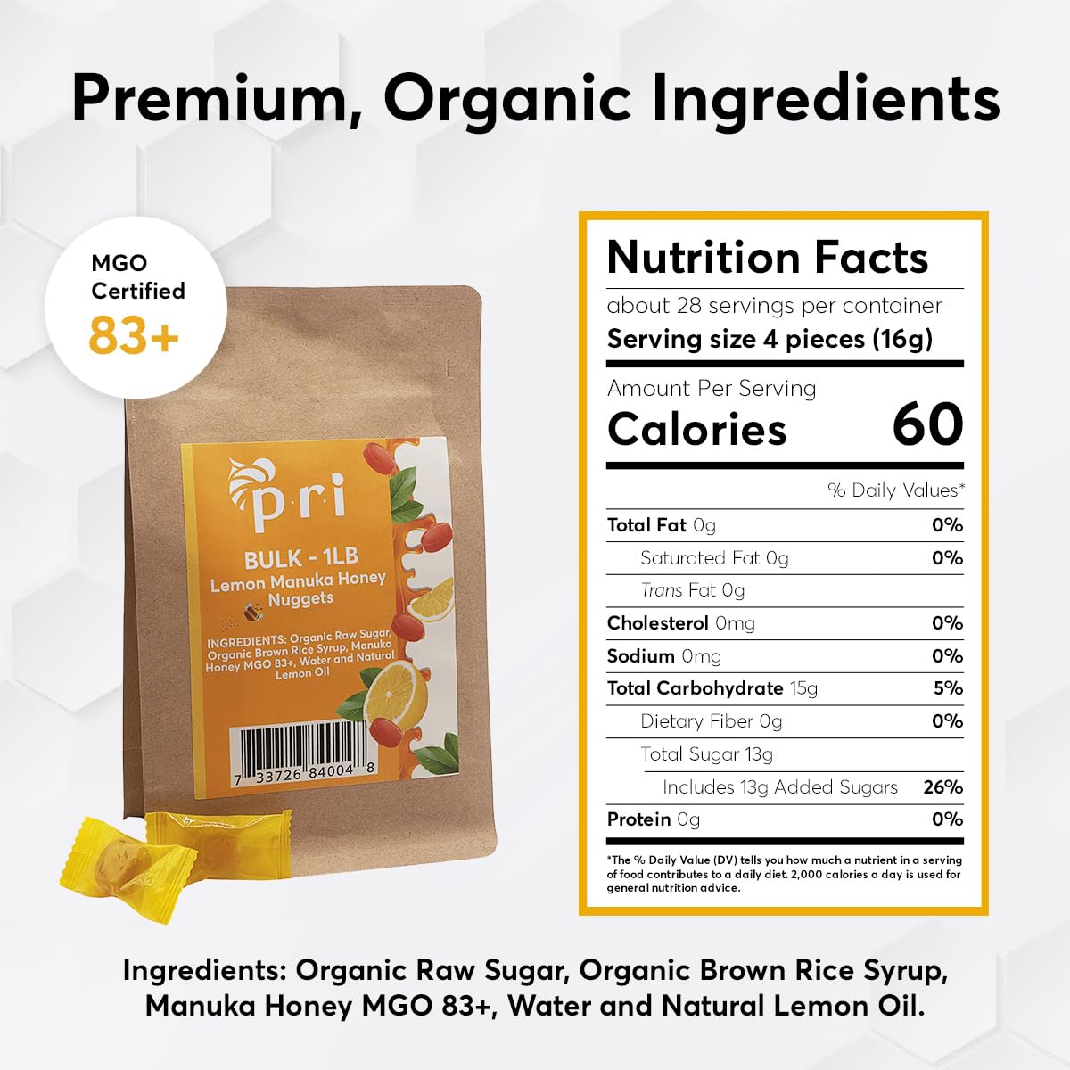 Pri Manuka Honey & Lemon Nuggets, Sweet And All Natural Hard Candy Treat, 1Lb