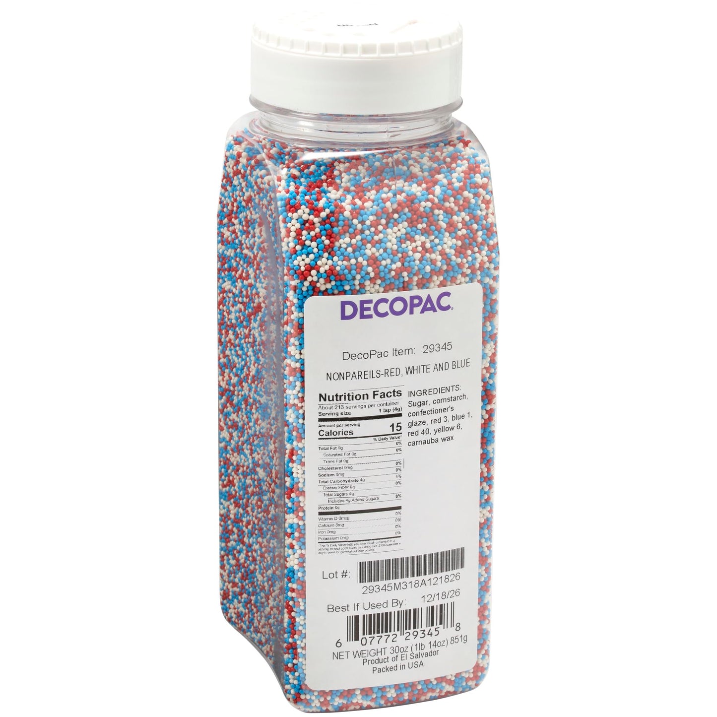 DECOPAC Red, White, And Blue Nonpareils | 30oz | Fancy Cake Sprinkles in Handheld Container, Edible Cake Decorations For July 4t