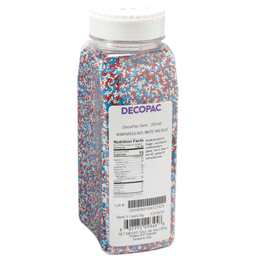 DECOPAC Red, White, And Blue Nonpareils | 30oz | Fancy Cake Sprinkles in Handheld Container, Edible Cake Decorations For July 4t