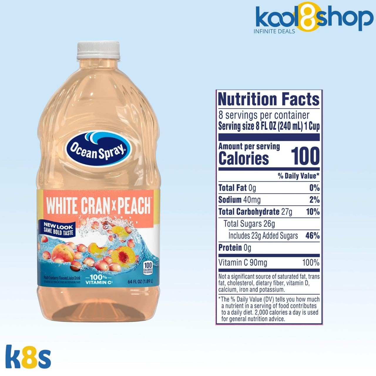 Ocean Spray White Cran Peach Juice Drink 64 fl oz Plastic Bottles 4 Pack + 15 Sugarcane Disposable Straws by KOOL8SHOP Infinite
