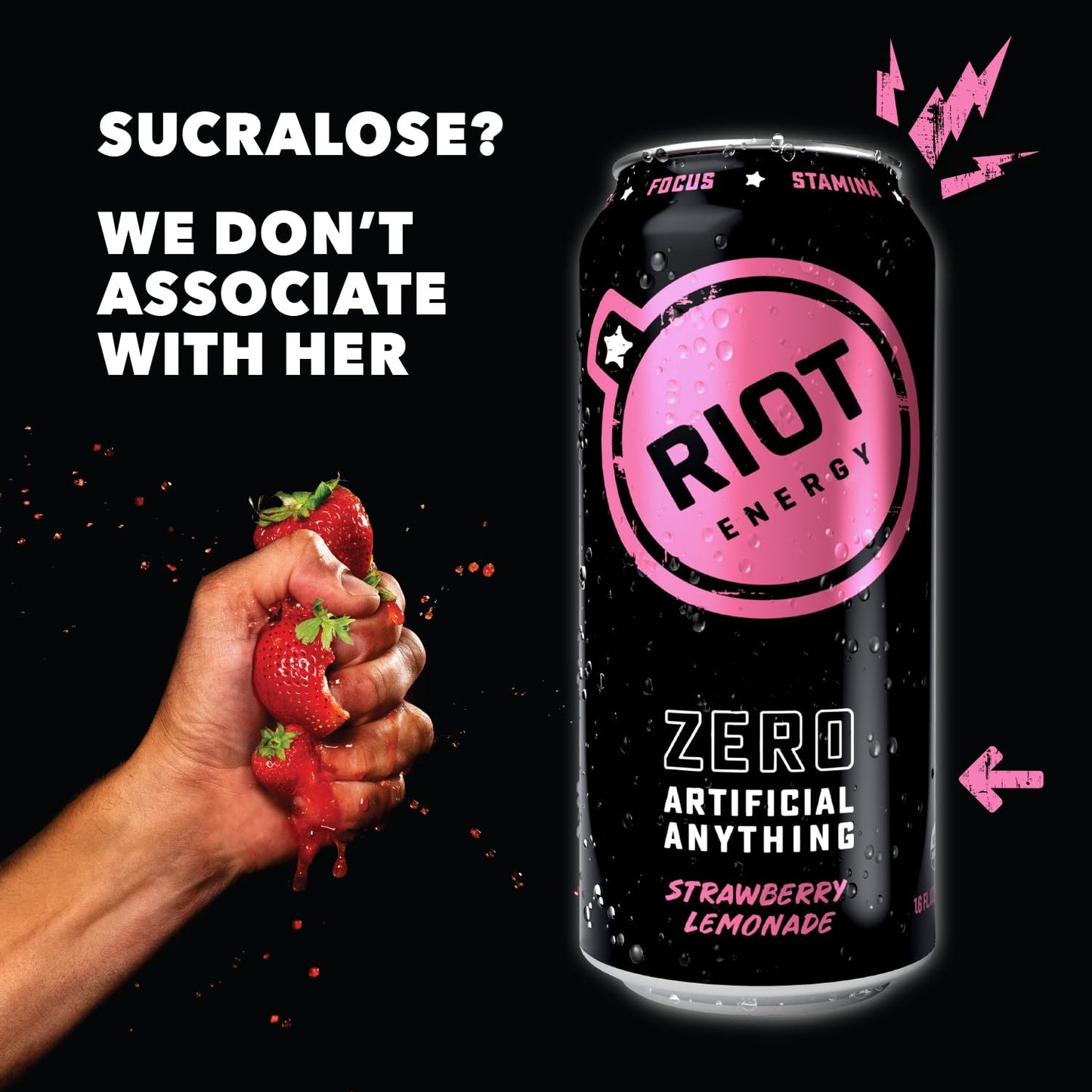 Riot Clean Energy Drink, Strawberry Lemonade, Zero Artificial Anything, No Sucralose, Made With Real Fruit, No Sugar Added, Ener