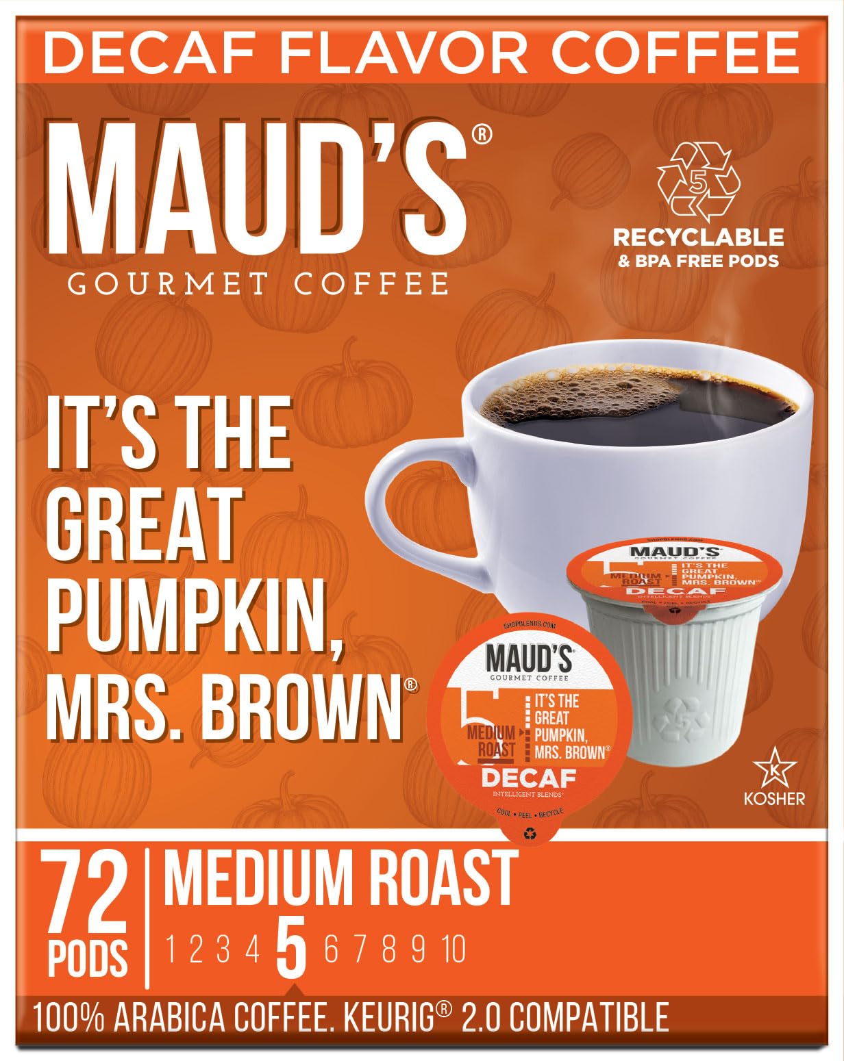 MAUDS Decaf Pumpkin Spice Coffee Pods, 72 Count, 100% Arabica, Medium Roast, Compatible with Keurig K-Cup Brewers
