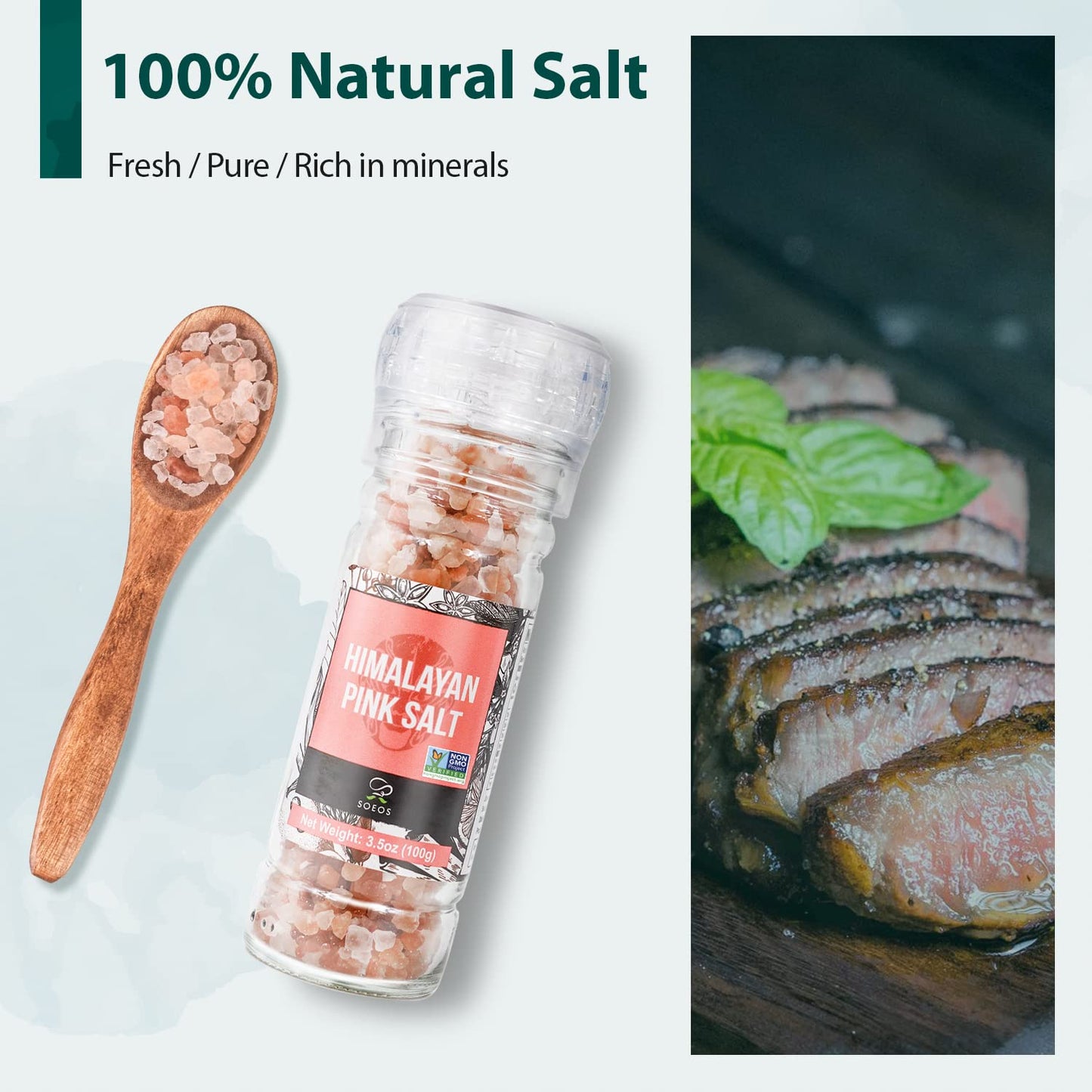 Soeos Black Peppercorns + White Sea Salt + Rainbow Peppercorns + Pink Salt, 10.6oz (300.50g), Salt and Pepper Set, Spice Grinder