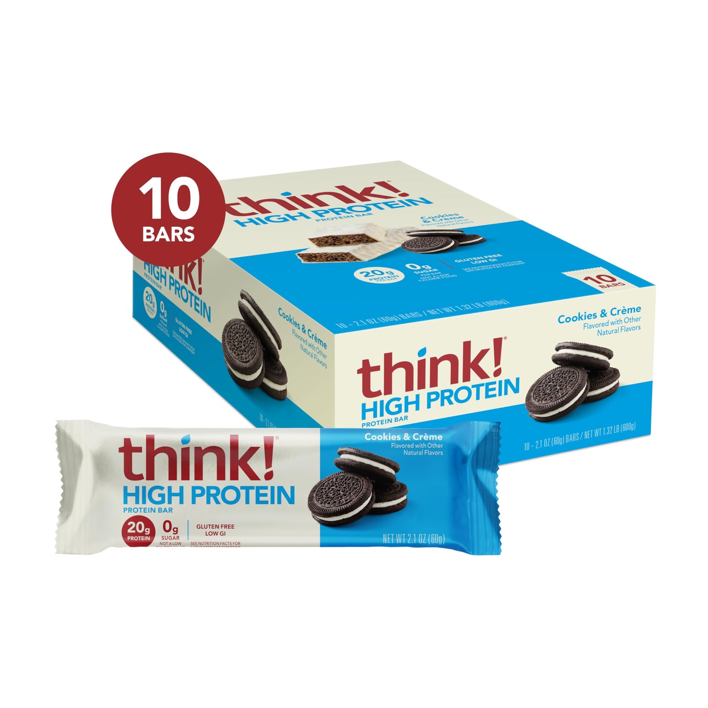 think! Protein Bars, High Protein Snacks, Gluten Free, Kosher Friendly, Cookies and Crme, Nutrition Bars, 2.1 Oz per Bar, 10 Cou