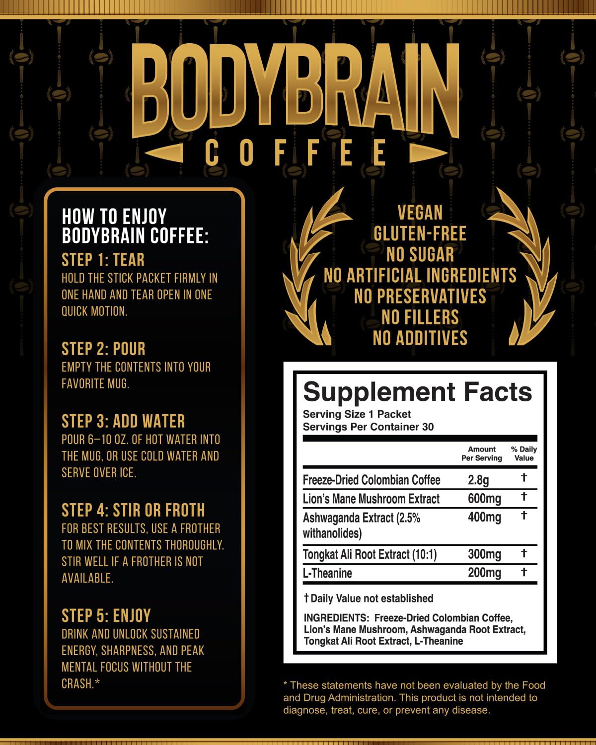 BodyBrain Coffee -   Boosting Mushroom Coffee with Tongkat Ali  Ashwagandha  Lions Mane  & L-Theanine | Freeze Dried Instant Colombian Nootropic Coffee for Energy  Focus & Vitality | 30 Sachets