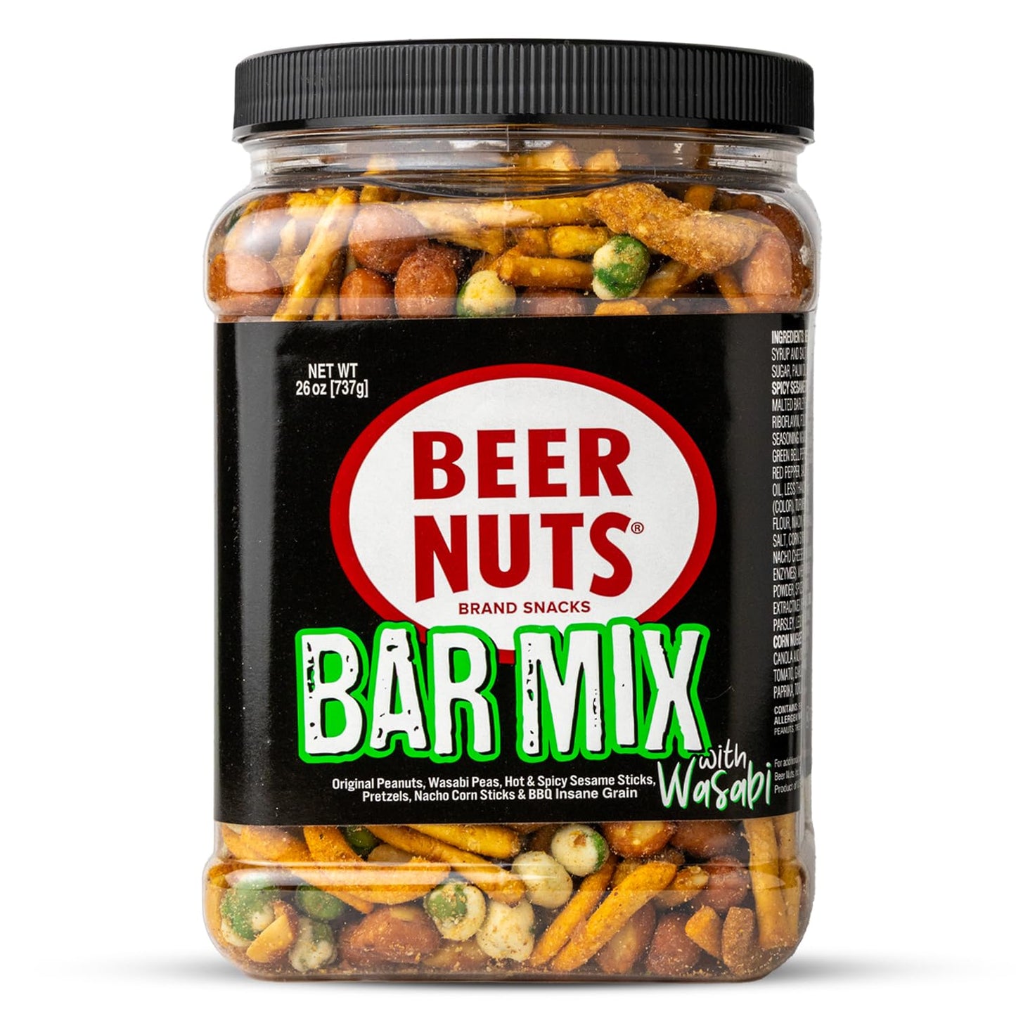 BEER NUTS Bar Mix - Roasted Peanuts, Wasabi Peas, Sesame Sticks, 26oz Resealable Jar