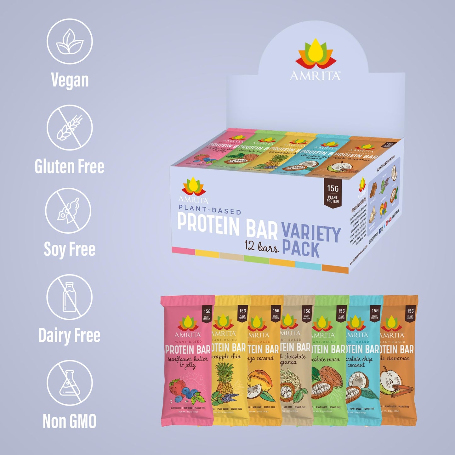 Amrita Vegan Protein Bars Variety Pack - Nut Free, Gluten Free, Low Sugar, High Fiber - 12 Count (Pack of 3)