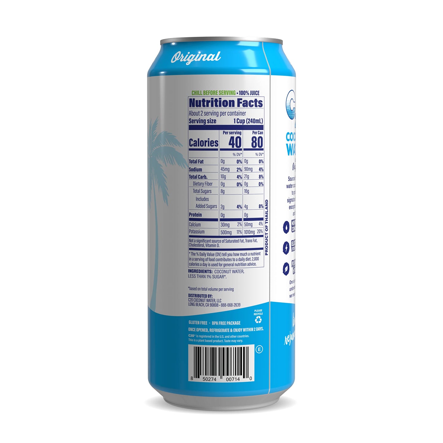 C2O - Coconut Water, The Original Flavor (8 Pack) - Made With Fresh Coconut Water - Plant Based - Non Gmo - Canned Water - Natural Hydration, Essential Electrolytes, & Potassium - 8 Cans, 16.3 Fl Oz