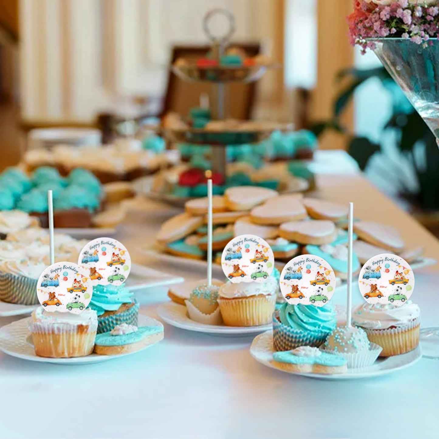 40Pcs Edible Animal Cupcake Toppers Wafer Paper Girl Boy Fox Forest Animals Car Vehicles Racing Car Taxi Cake Toppers Decoration