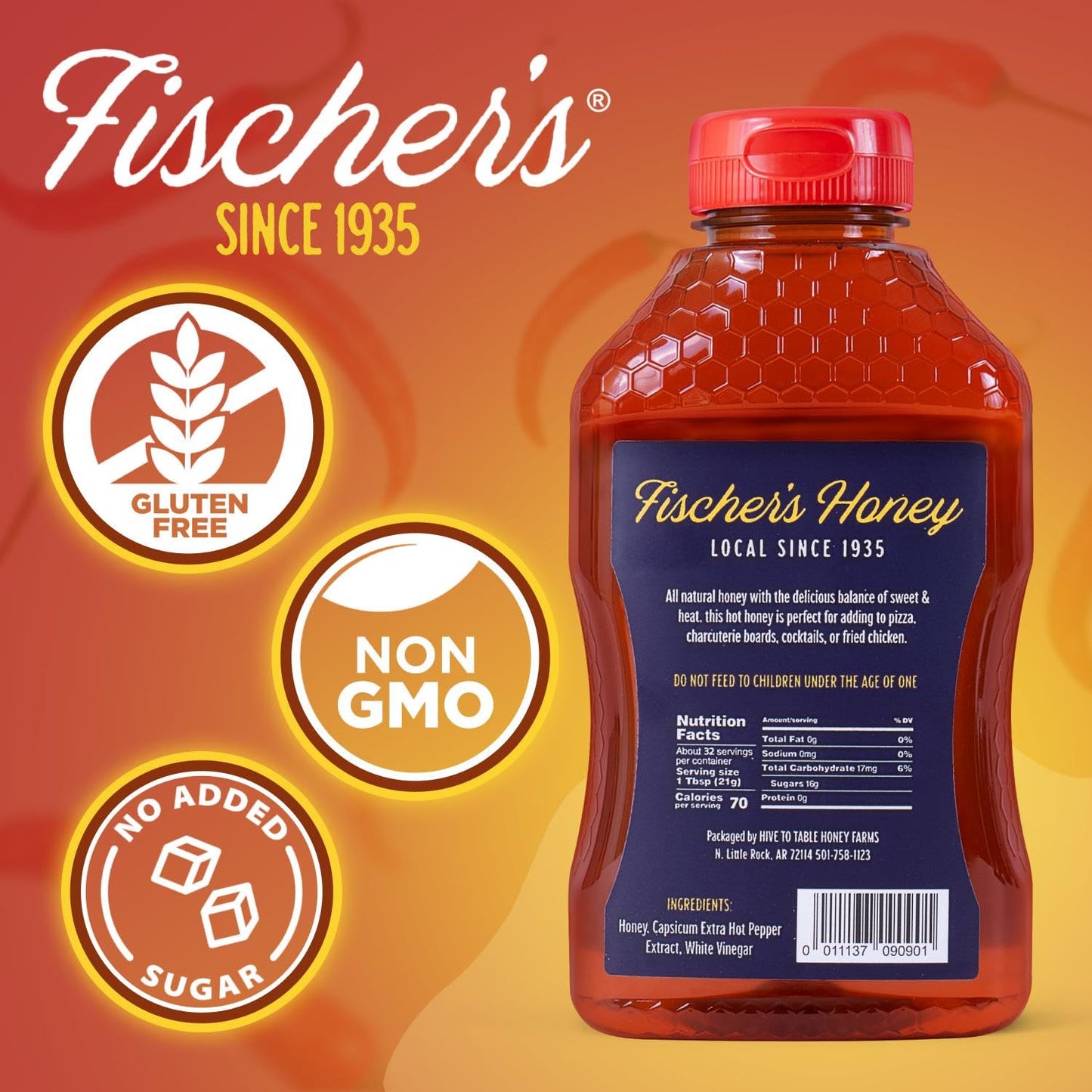 Fischers Hot Honey, 24 Oz - 100% Raw Unfiltered Honey Infused with Hot Pepper - Chefs Choice - Spicy Kick for Pizza, BBQ, Frie