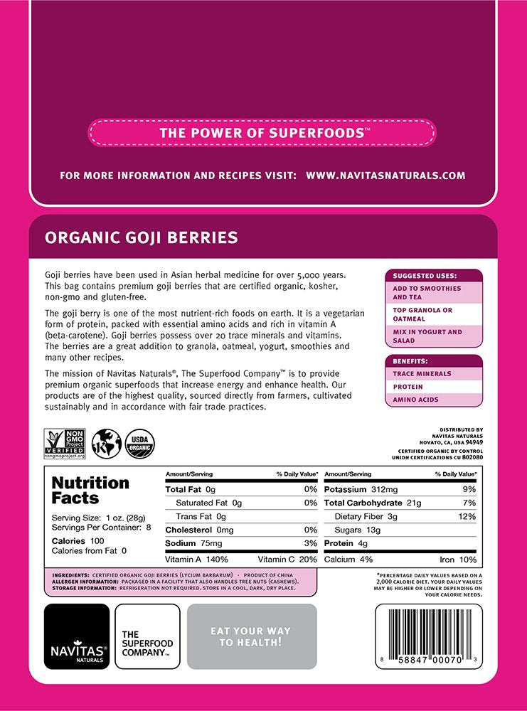 Navitas Naturals Organic Goji Berries, 8-Ounce Pouches, 8 Servings (Pack Of 2)