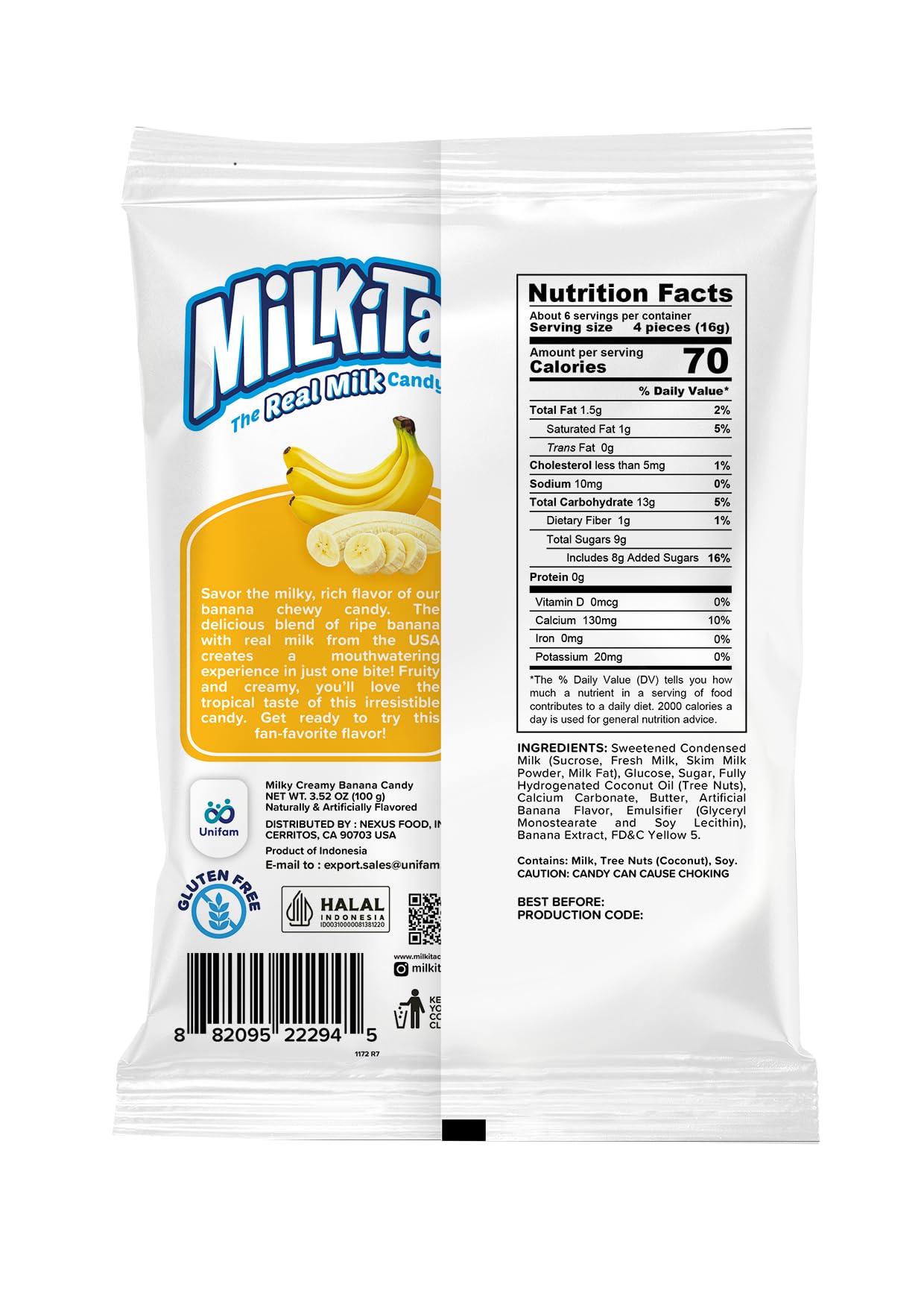 Milkita The Real Milk Candy, Gluten Free Chewy Candies With Calcium & Real Milk, Zero Trans Fat, Low-Sugar, Banana Flavor, 25 Pcs