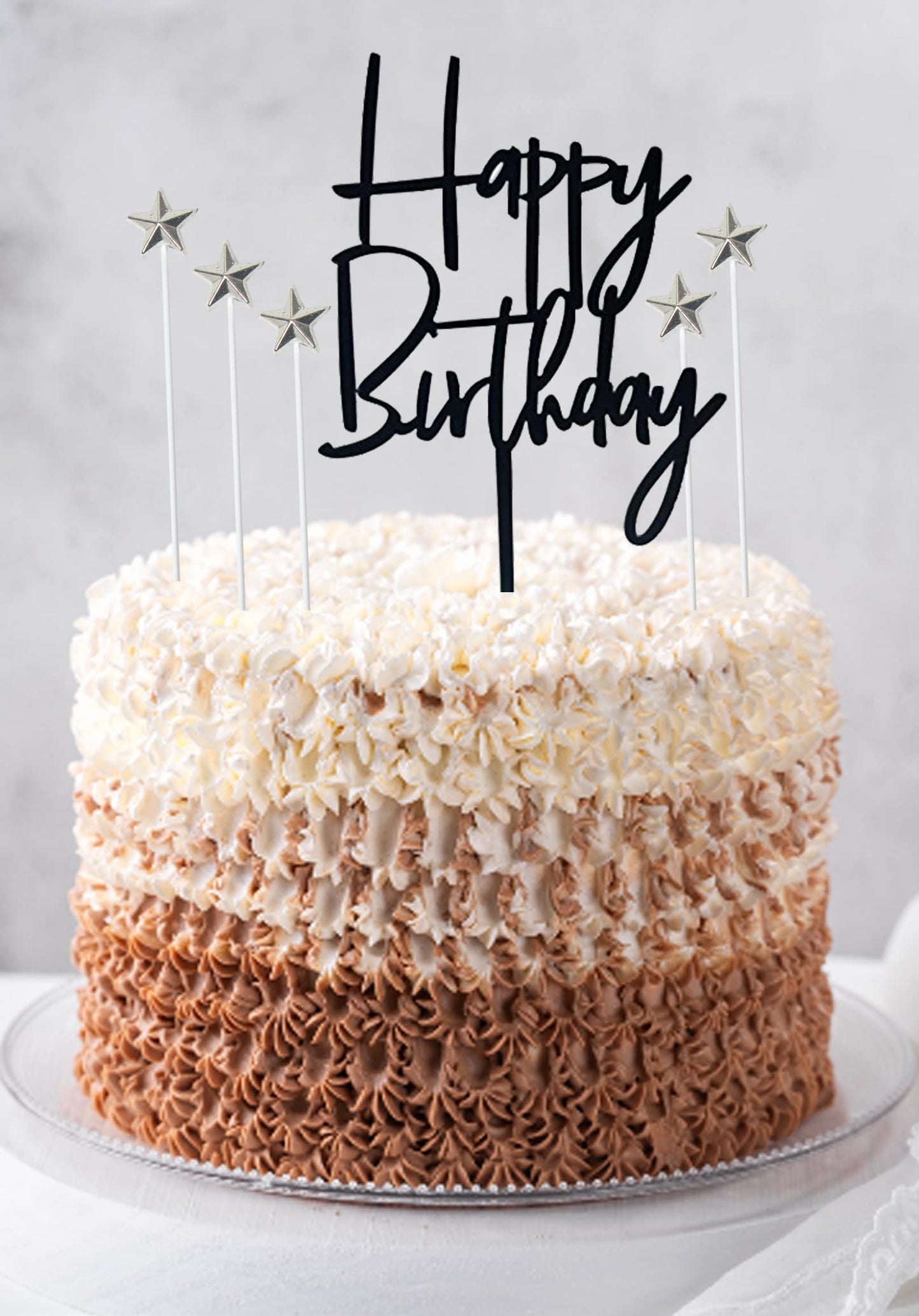 Set of 1 Black Acrylic Happy birthday Cake Topper 5 pcs silvery Star Cake Cupcake Topper(Black 1)