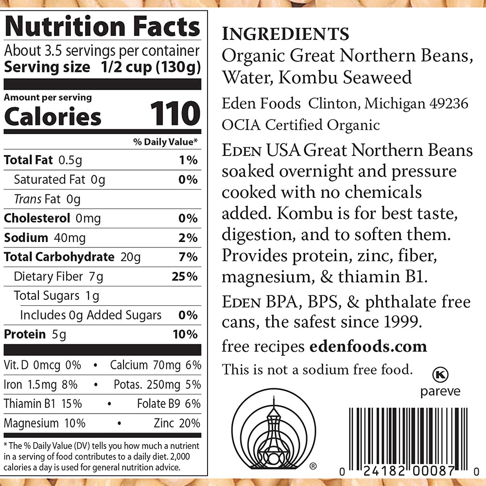 Eden Organic Great Northern Beans, 15 Oz Can, No Salt, Non-Gmo, Gluten Free, Vegan, Kosher, U.S. Grown, Heat And Serve, Macrobio