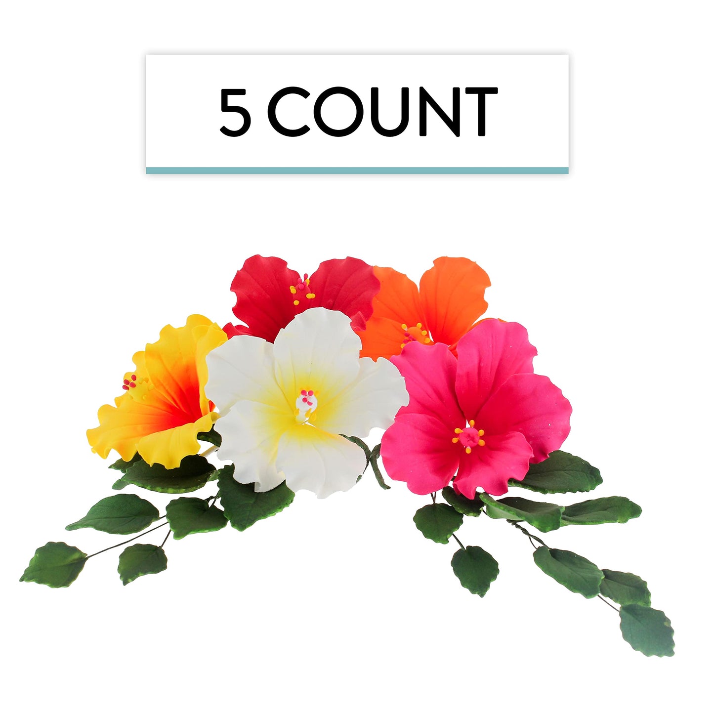 Global Sugar Art Hibiscus Sugar Cake Flowers, Assorted Colors Hawaiian Cake Flower Large, 5 Count And Leaf Sprays By Chef Alan Tetreault
