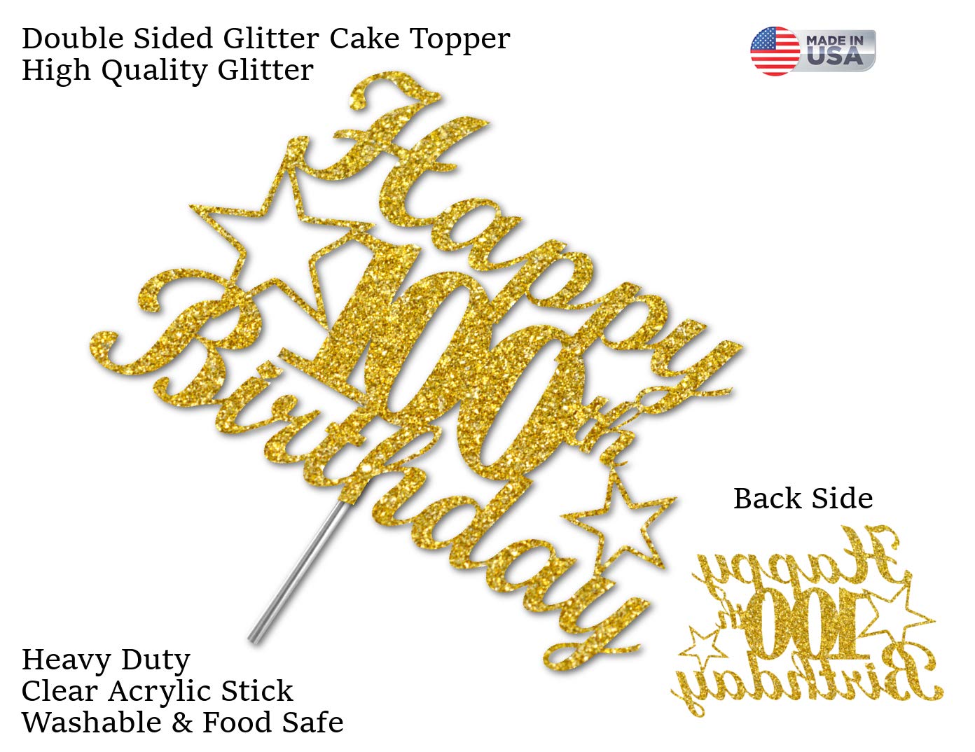 100 Birthday Cake Topper Gold Glitter, Party Decoration Ideas, Premium Quality, Sturdy Doubled Sided Glitter, Acrylic Stick. Mad