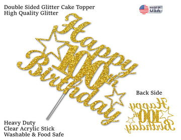 100 Birthday Cake Topper Gold Glitter, Party Decoration Ideas, Premium Quality, Sturdy Doubled Sided Glitter, Acrylic Stick. Mad