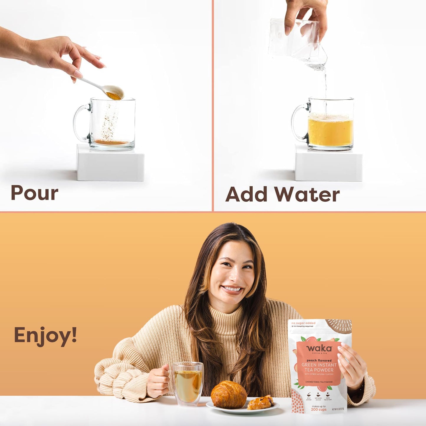 Waka Instant Green Tea Mix, Peach Flavored - 100% Tea Leaves, No Additives, Unsweetened Tea Powder In Bulk Pouch - Easy Quick Ho