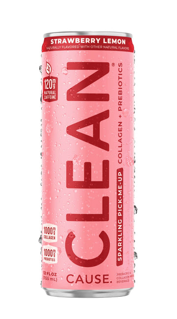 CLEAN CAUSE Strawberry Lemon Sparkling Drink, 12-Pack Case, 12oz Cans, Low Sugar, 120mg Caffeine, Healthy Soda Alternative