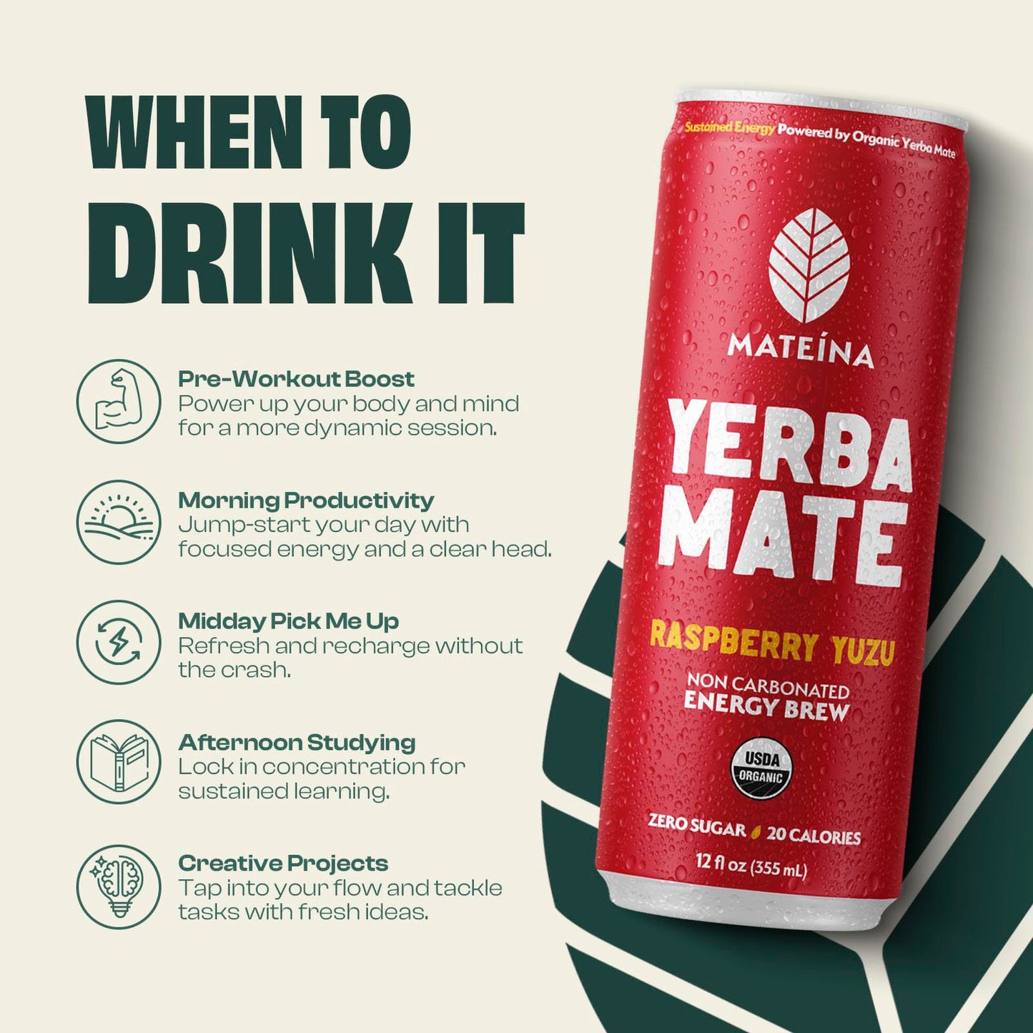 Mateina Yerba Mate Zero Sugar Energy Drink - 120mg Natural Caffeine - Organic  Non-GMO  Non-Carbonated - Dr. Andrew Huberman Recommended - 12 Pack (12oz Cans) (12 Pack  Raspberry Yuzu)