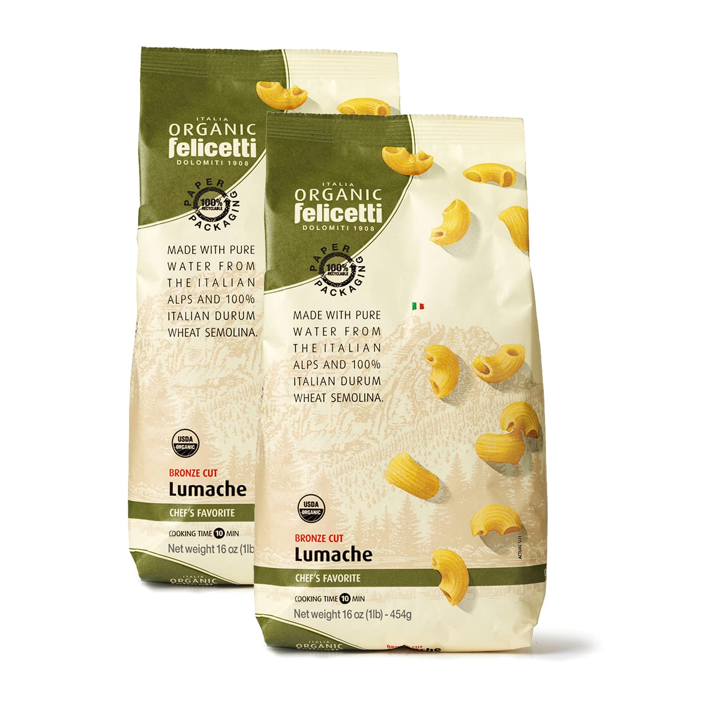 Organic Felicetti Lumache Pasta Italian Non-GMO 16oz (454g) 2 Pack