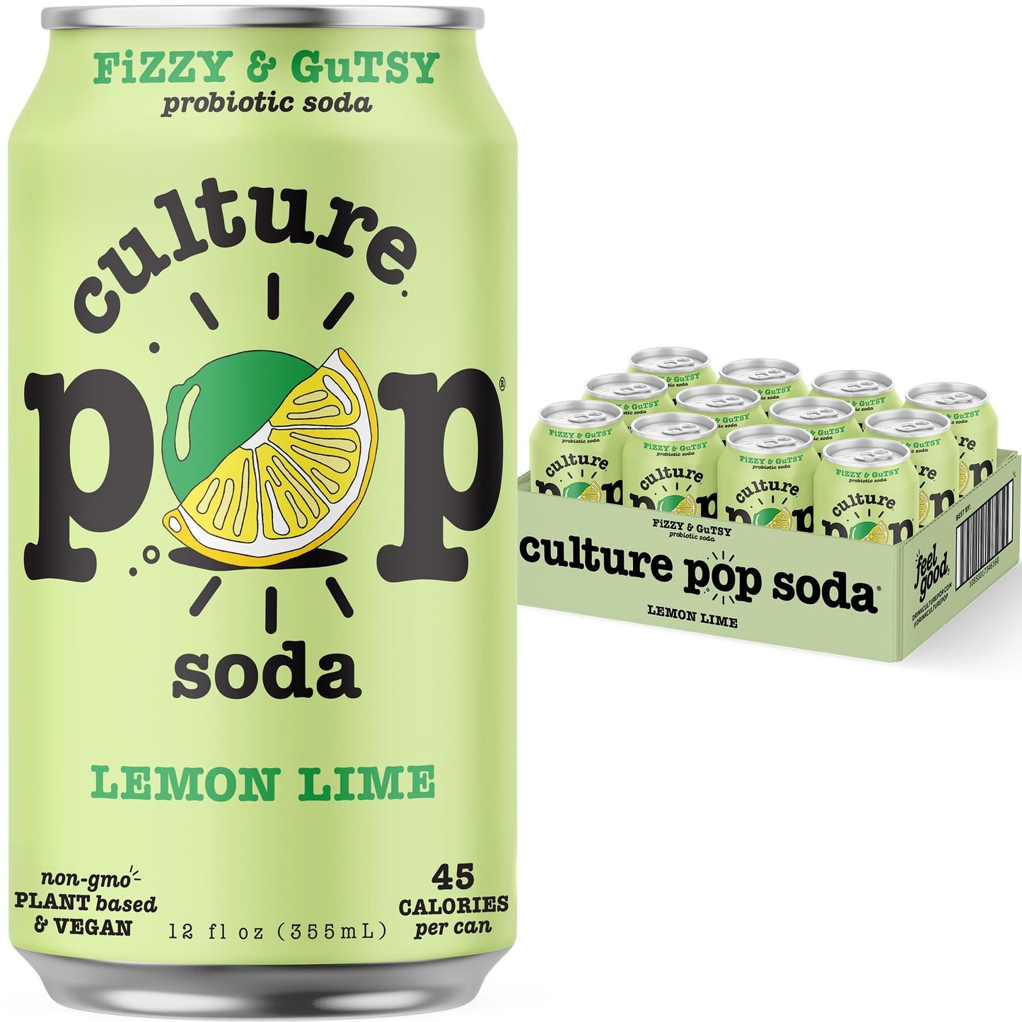 Culture Pop Soda, Lemon Lime, Probiotic Low Sugar Soda, Sparkling Juice Alternative, Non-Gmo, Kosher, Gluten-Free, No Stevia (12Pk)