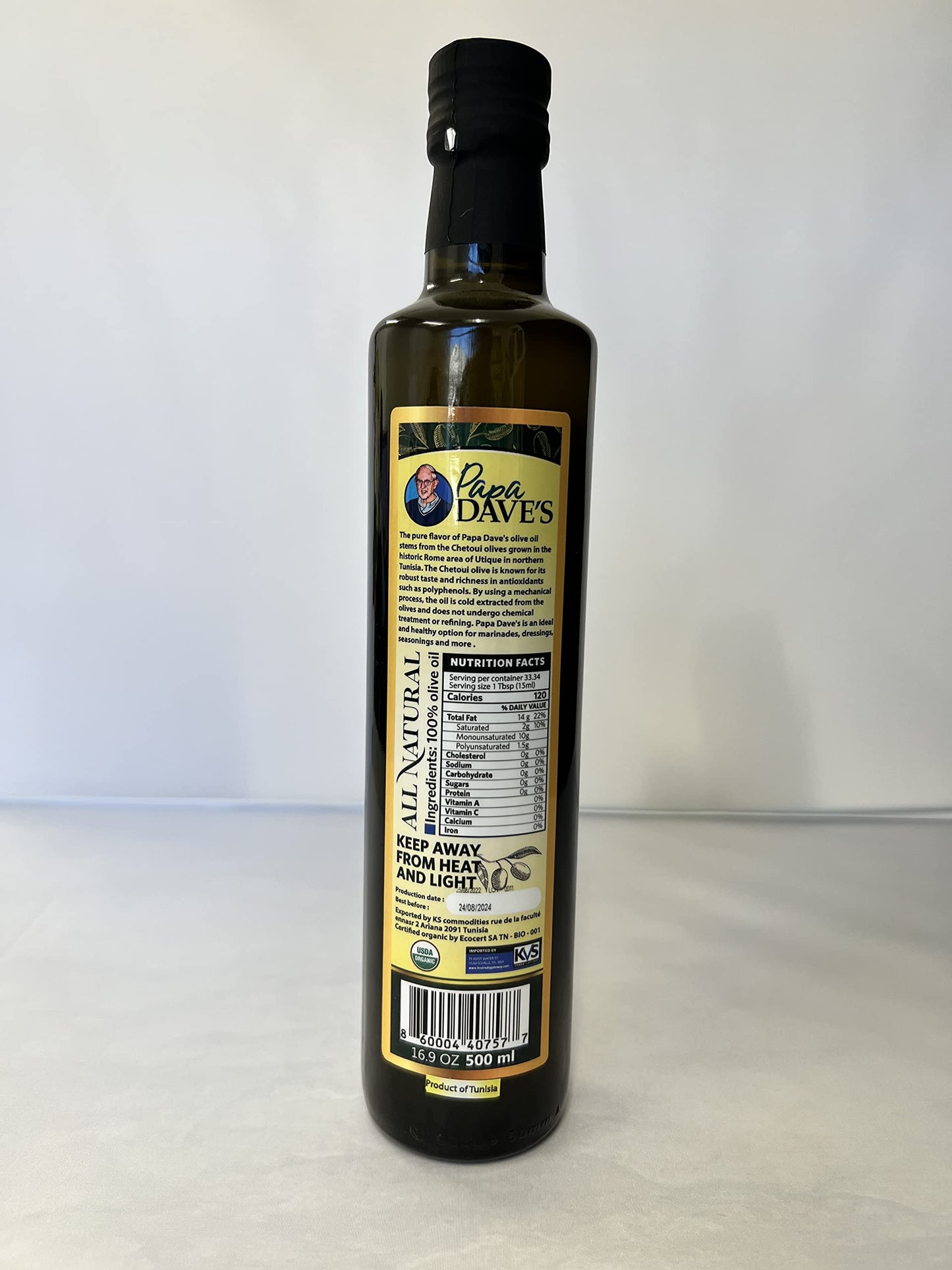 Papa Daves Organic Extra Virgin Olive Oil - First Cold Pressed, Gluten-Free, Non-GMO - 16.9 Oz Bottle