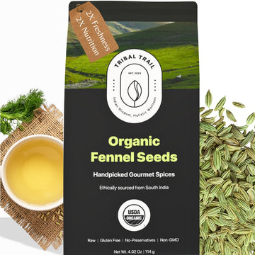 Tribal Trail Fennel Seeds Organic | 4.02 oz | USDA Organic & Non-GMO | Indian Origin | Recyclable Kraft Bags | Best for Tea, Smo