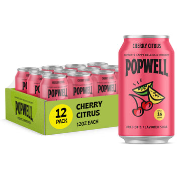 Popwell Cherry Citrus Better-For-You Prebiotic Soda, with 6g Fiber, 1g Sugar, Vitamins and Immunity Support, 12 fl oz Cans (pack
