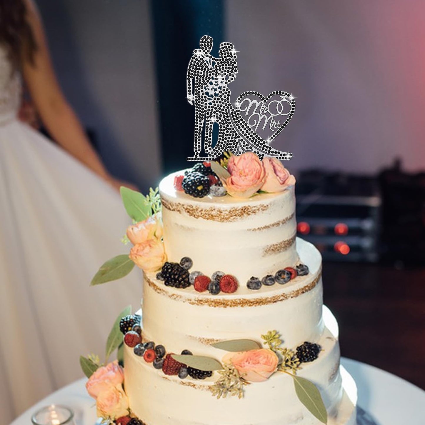 Jaciya Mr And Mrs Cake Topper With Black Rhinestone Bride And Groom, Black Wedding Decorations